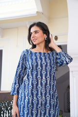 INDIGO BLUE HAND BLOCK PRINTED COTTON SHORT KURTI