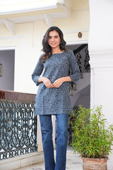 CHARCOAL GREY HAND BLOCK PRINTED COTTON SHORT KURTI