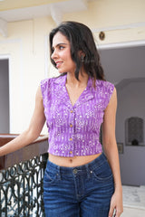 BAINGANI BINDU – LAVENDER DABU HAND BLOCK PRINTED CROP TOP