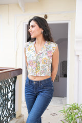 PHOOLVAN IVORY – HAND BLOCK PRINTED FLORAL COTTON CROP TOP