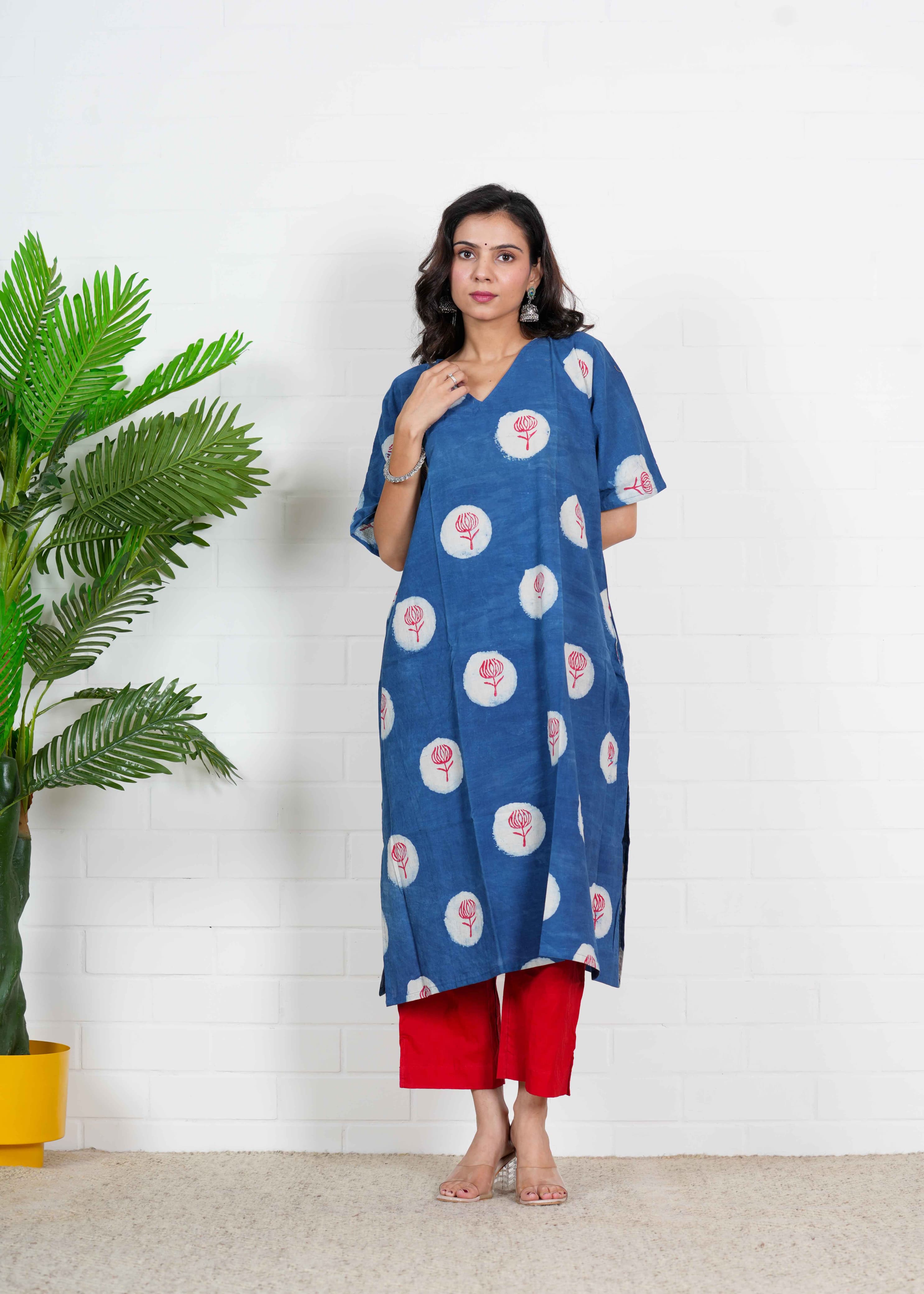INDIGO PHOOL — RED BLOOM HAND BLOCK KURTI SET
