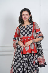 RED BLACK BAGRU HANDBLOCK PRINTED LEHENGA SET