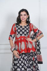 RED BLACK BAGRU HANDBLOCK PRINTED LEHENGA SET