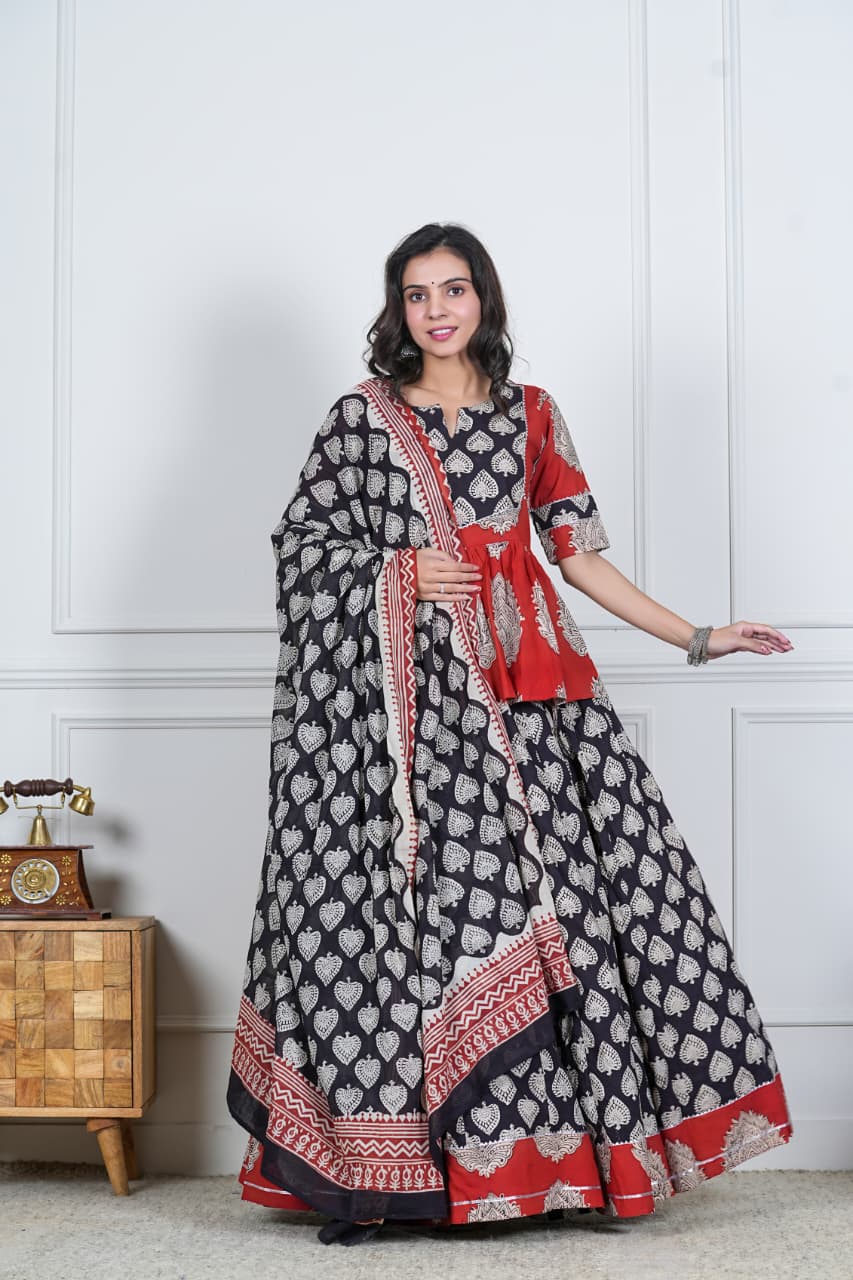 RED BLACK BAGRU HANDBLOCK PRINTED LEHENGA SET