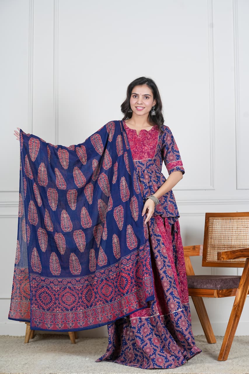 BLUE MAROON HANDBLOCKL PRINTED LEHENGA SET INDIGO