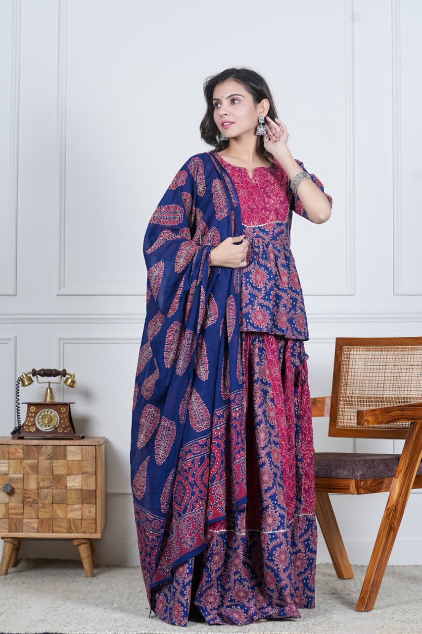 BLUE MAROON HANDBLOCKL PRINTED LEHENGA SET INDIGO