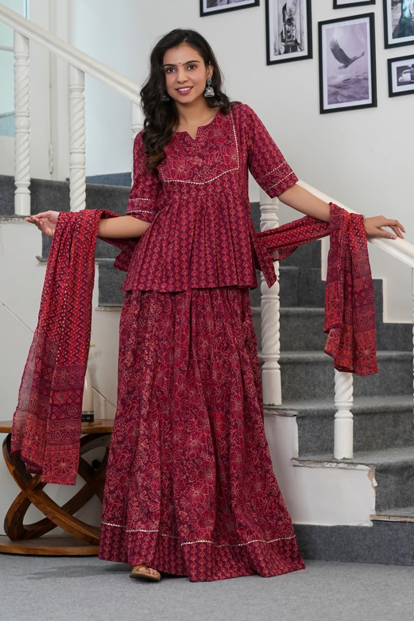 KUMUDINI – DEEP MAROON HANDBLOCK LEHENGA SET