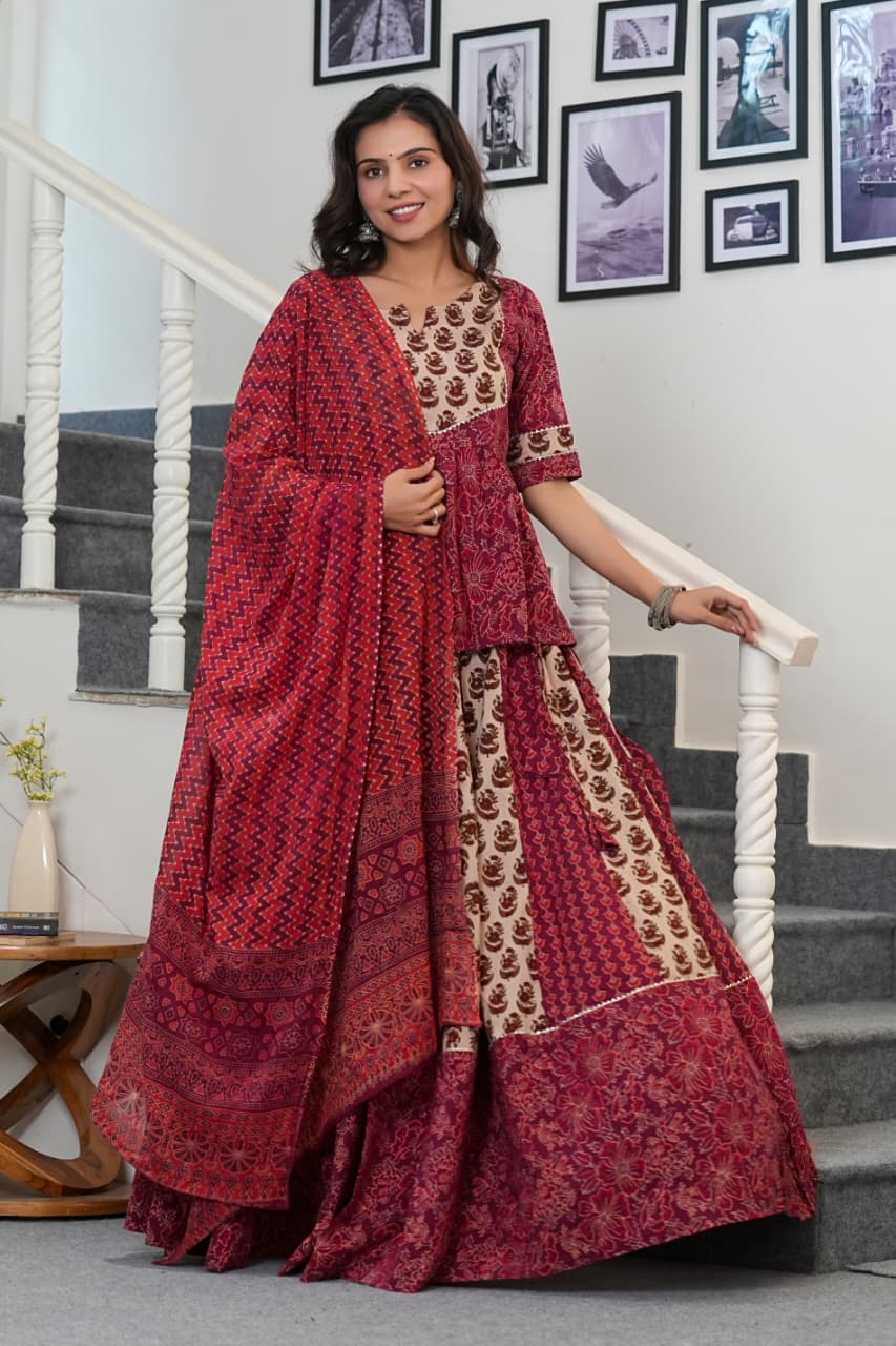 DEEP MAROON - RUST RED & BEIGE HANDBLOCK LEHENGA SET