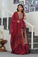 DEEP MAROON - RUST RED & BEIGE HANDBLOCK LEHENGA SET