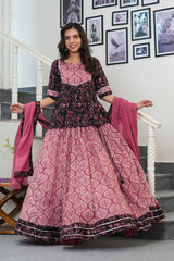 GULNAR - ROSE PINK & BLACK HANDBLOCK PRINTED LEHENGA SET