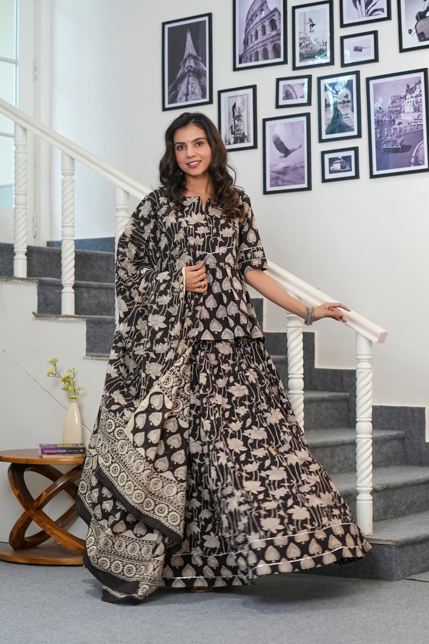 BLACK BAGRU HANDBLOCK PRINTED LEHENGA SET