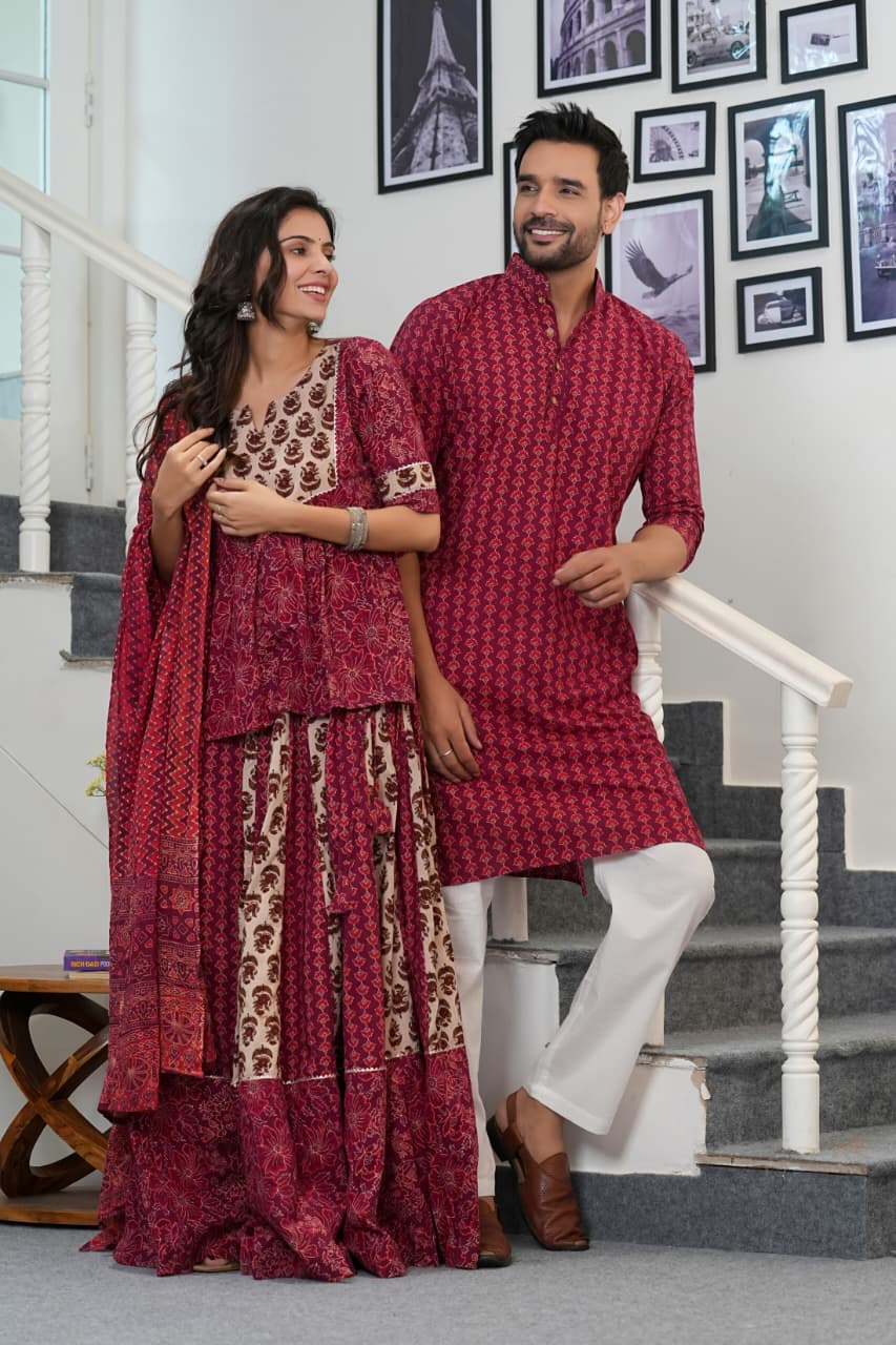 GULMOHAR GLOW - DEEP MEROON WITH BEIGE HANDBLOCK COUPLE SET