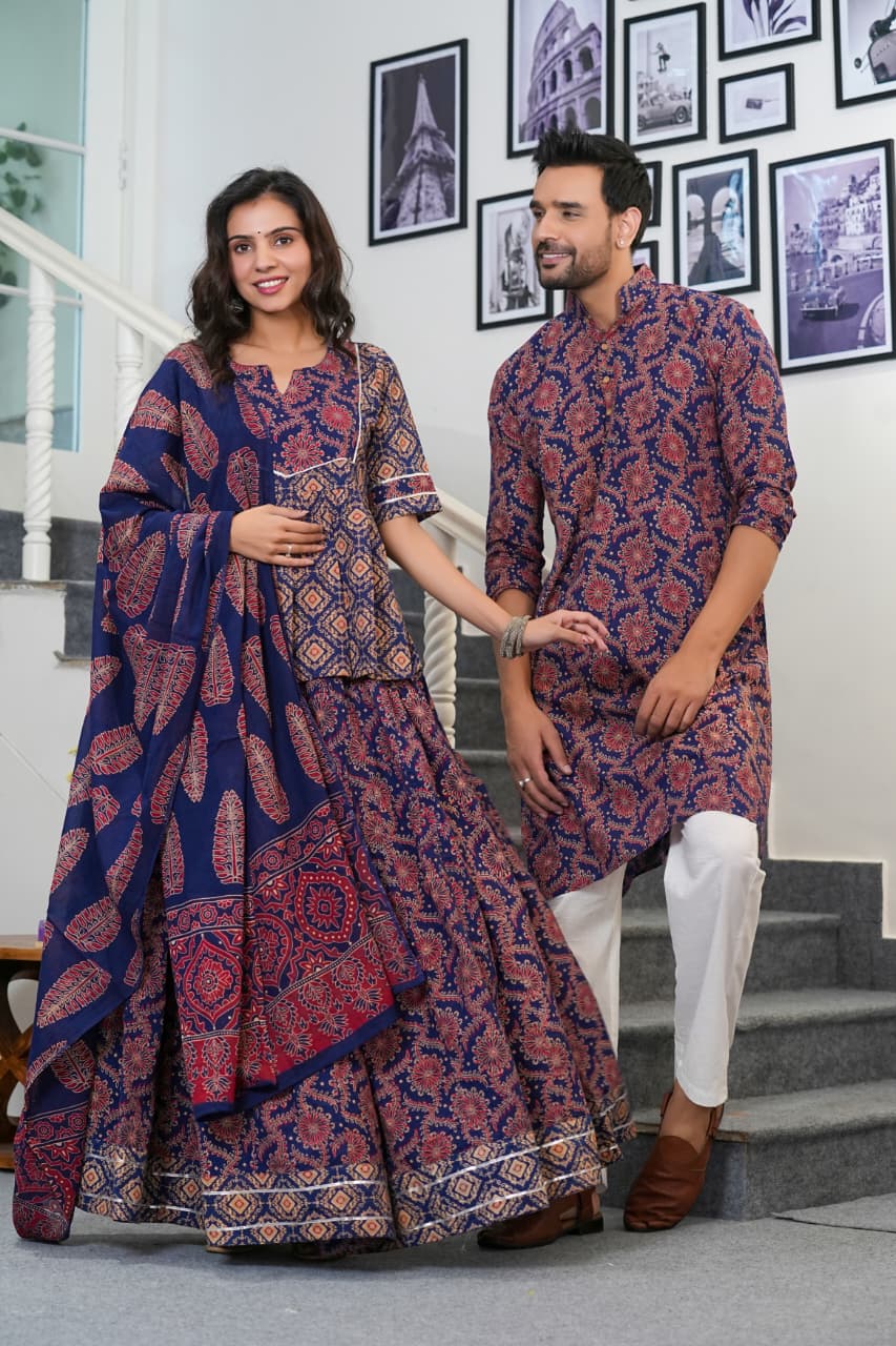 BLUE & MAROON VIRAASAT HANDBLOCK COUPLE SET