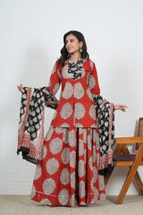 RED & BLACK HAND BLOCK PRINTED LEHENGA SET