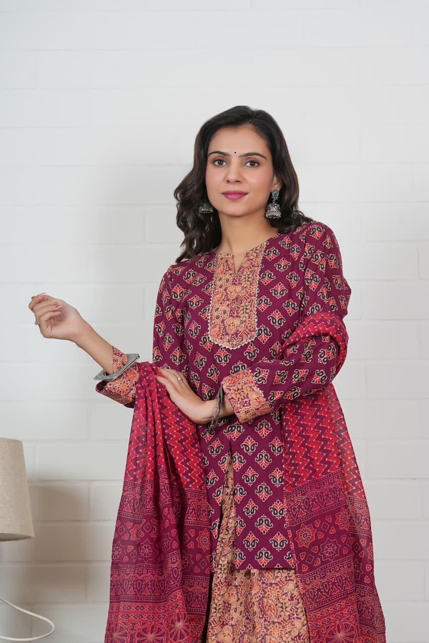 BURGUNDY - MAROON HAND BLOCK PRINTED LEHENGA SET