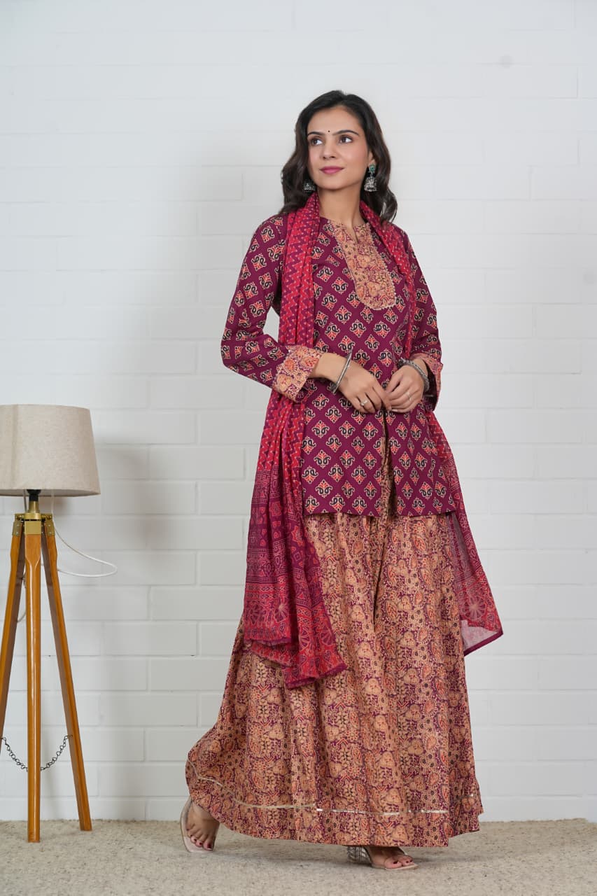 BURGUNDY - MAROON HAND BLOCK PRINTED LEHENGA SET