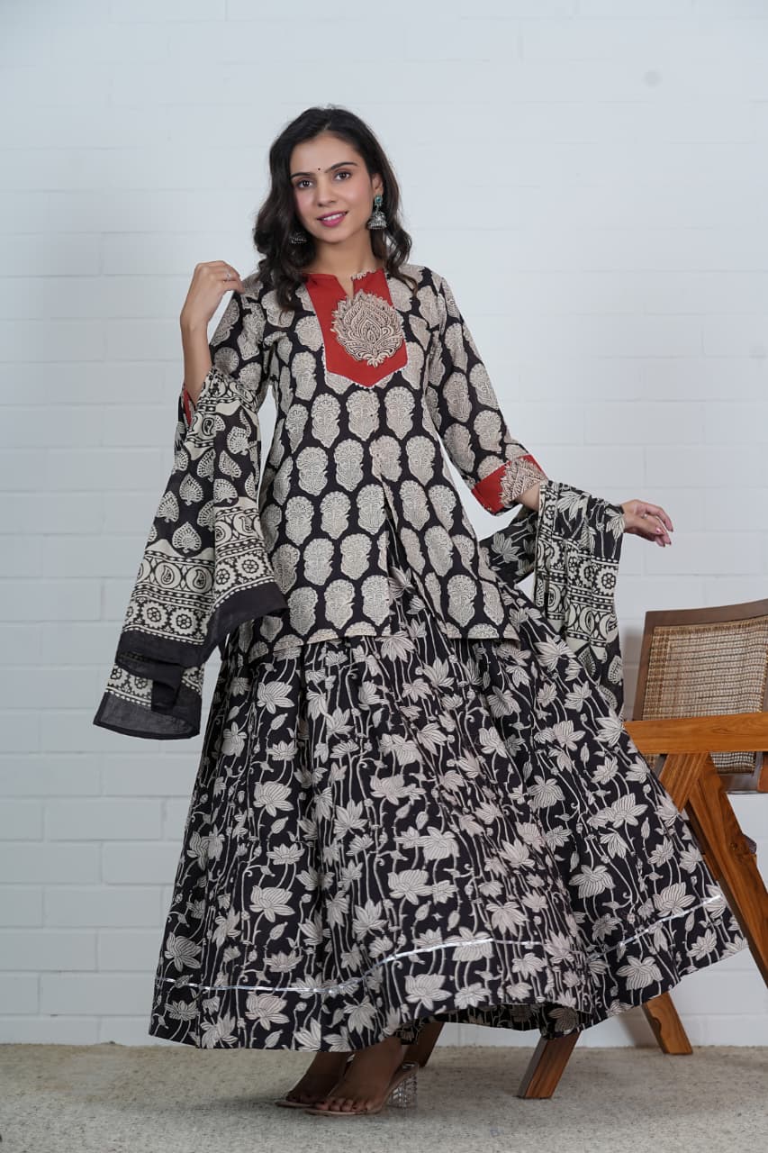 BLACK & BEIGE HAND BLOCK PRINTED LEHENGA SET