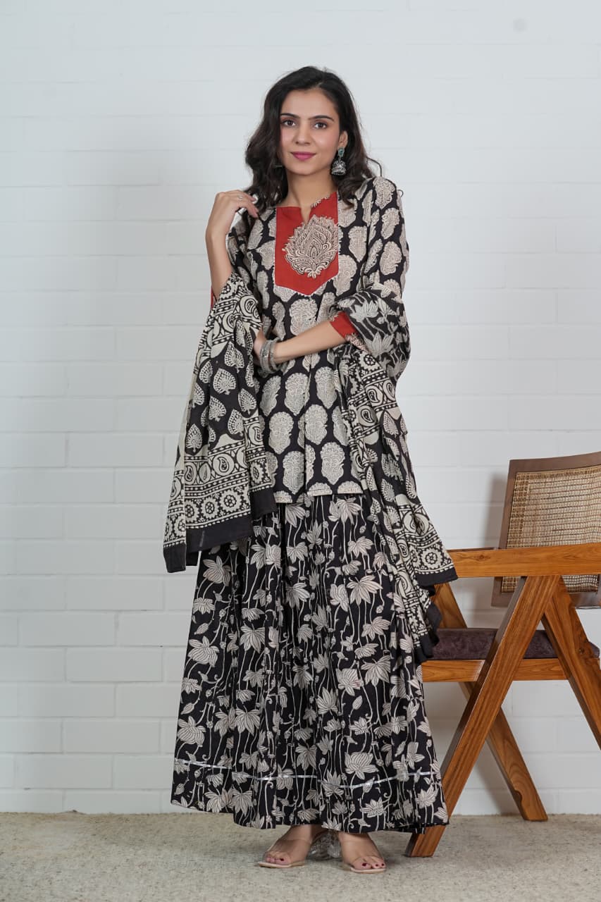BLACK & BEIGE HAND BLOCK PRINTED LEHENGA SET