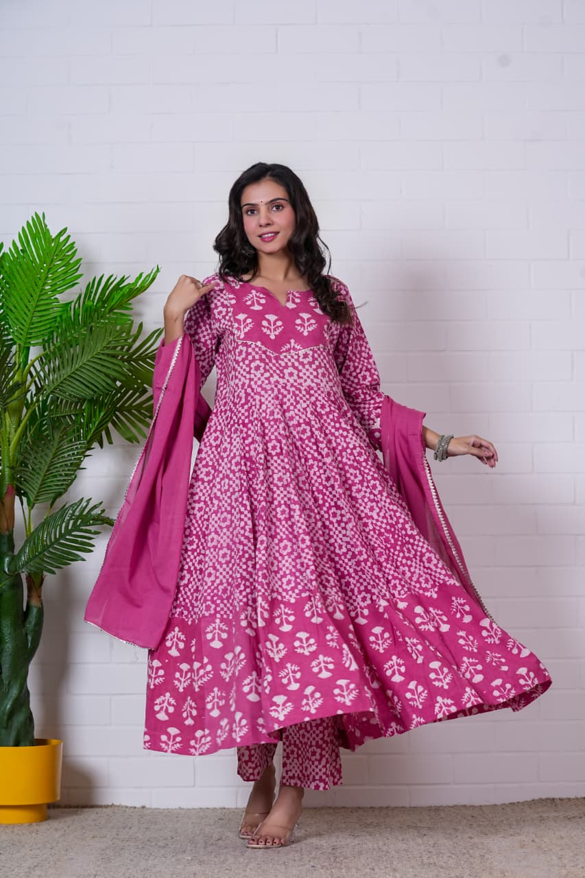 RANI PINK – HAND BLOCK PRINTED ANARKALI SET
