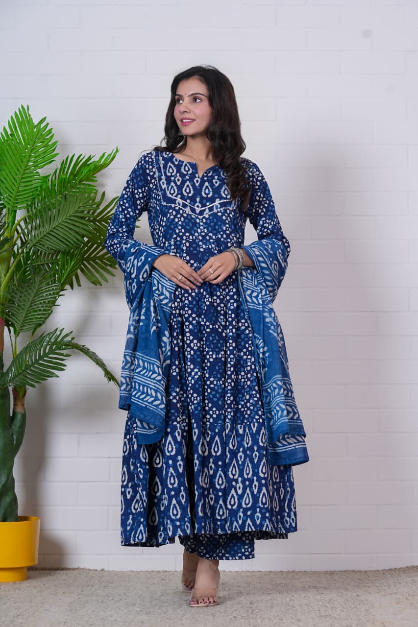 NEELIKA – INDIGO HAND BLOCK PRINTED ANARKALI SET