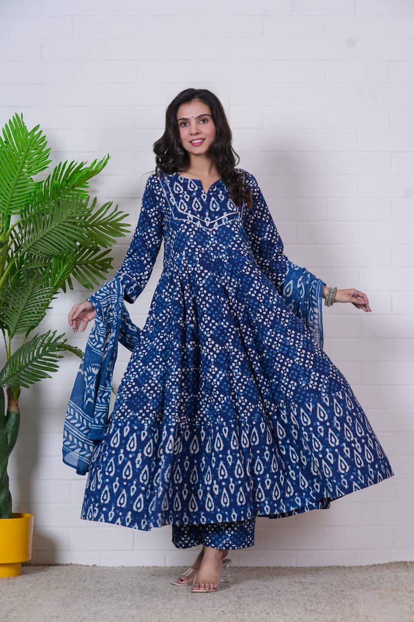 NEELIKA – INDIGO HAND BLOCK PRINTED ANARKALI SET