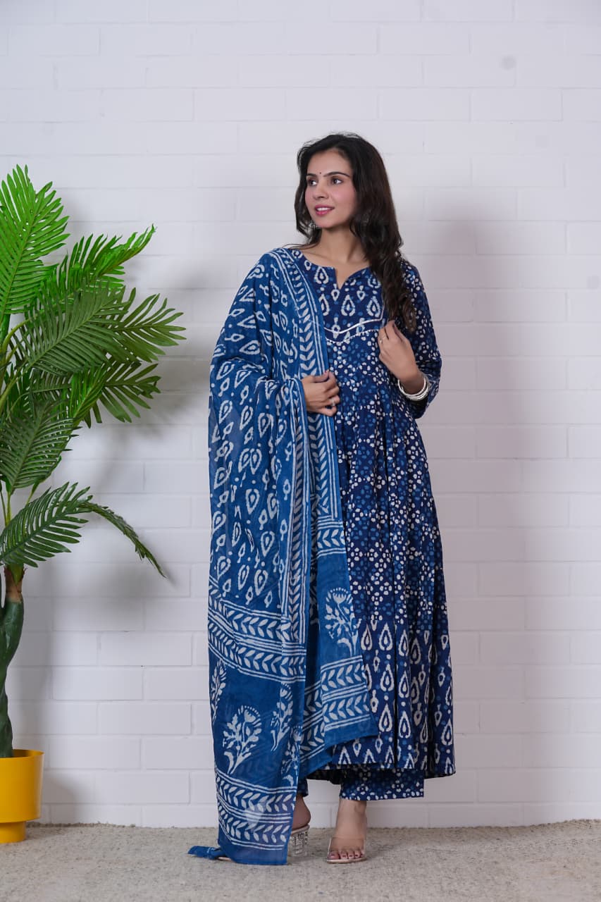 NEELIKA – INDIGO HAND BLOCK PRINTED ANARKALI SET