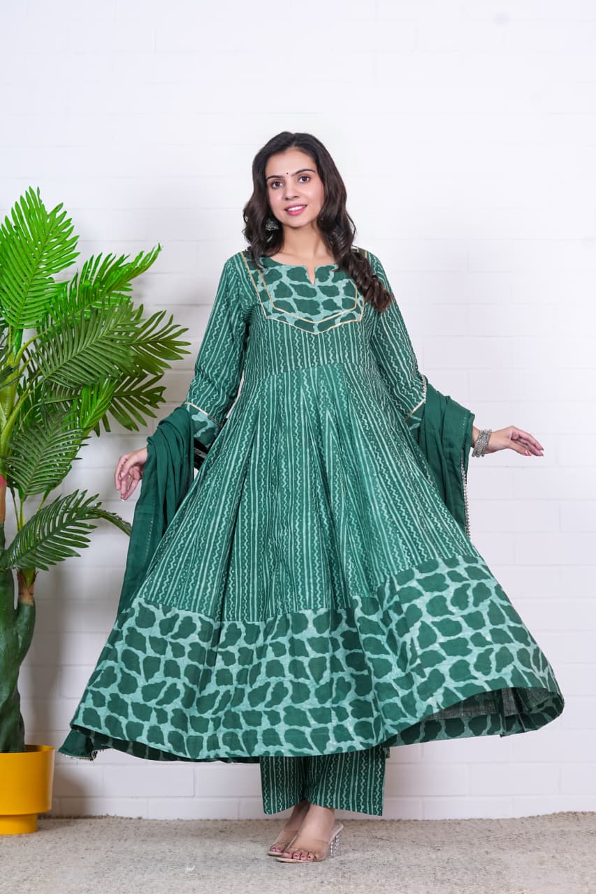 AARVI – EMERALD GREEN HAND BLOCK PRINTED ANARKALI SET