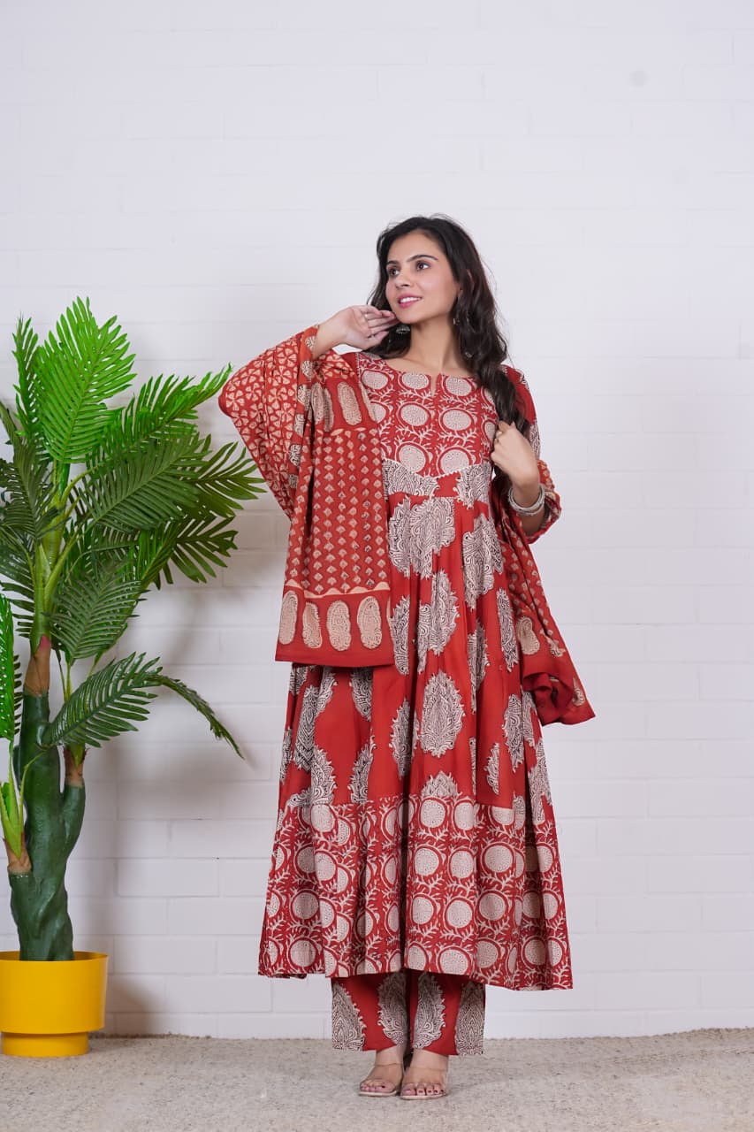 RUHANI – RUST RED HAND BLOCK PRINTED ANARKALI SET