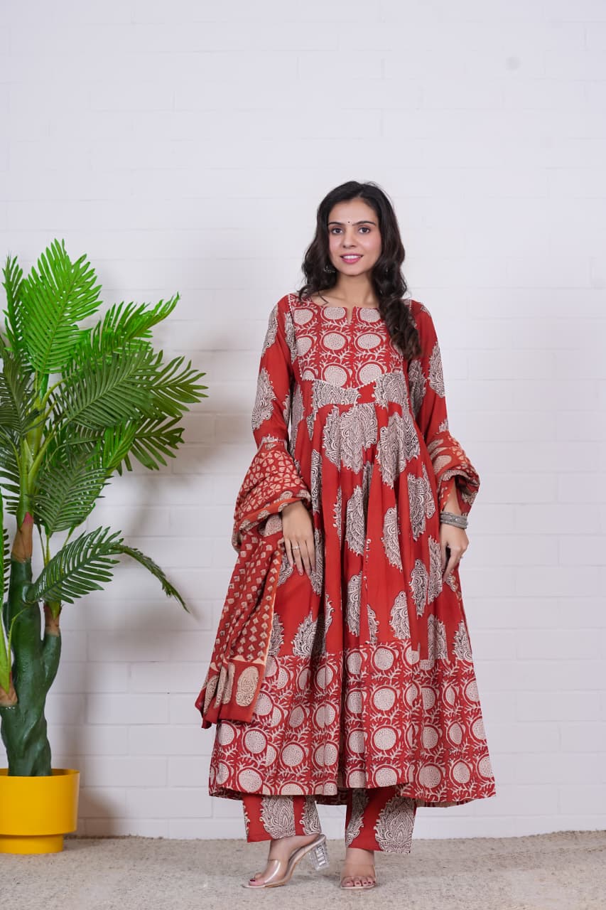 RUHANI – RUST RED HAND BLOCK PRINTED ANARKALI SET
