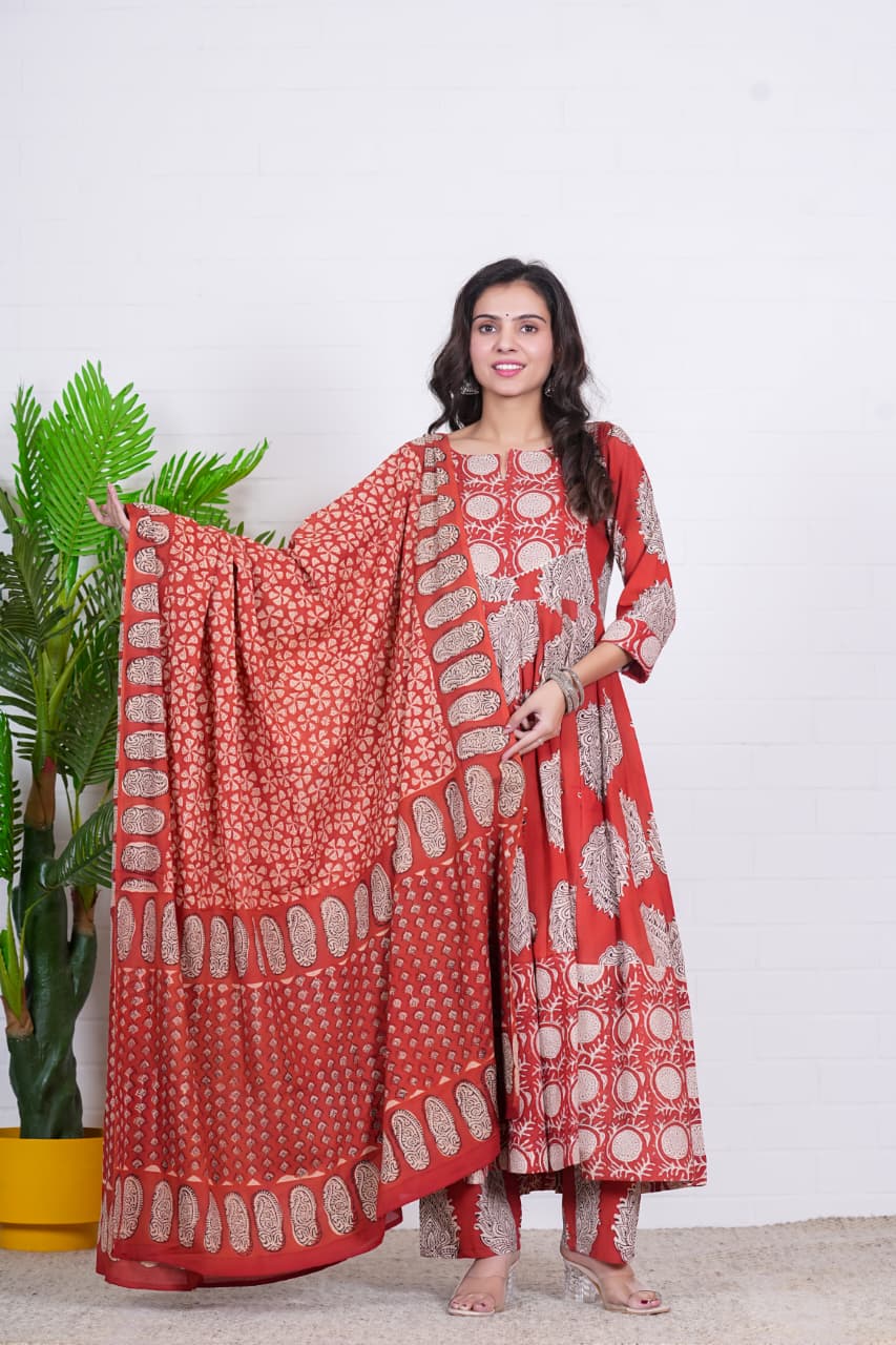 RUHANI – RUST RED HAND BLOCK PRINTED ANARKALI SET