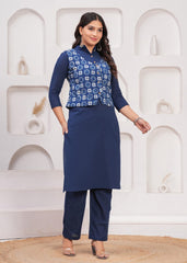 NEEL-E-SHAAM– WINTER COTTON SLUB KURTI SET WITH HAND BLOCK PRINTED JACKET