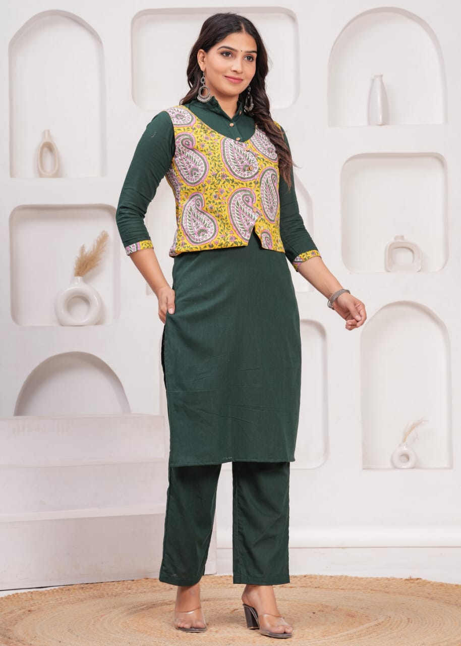 PAHIYA-E-PEHN – WINTER COTTON SLUB KURTI SET WITH HAND BLOCK PRINTED JACKET