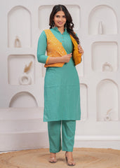 AARVI-E-AMBER – WINTER COTTON SLUB KURTI SET WITH HAND BLOCK PRINTED JACKET