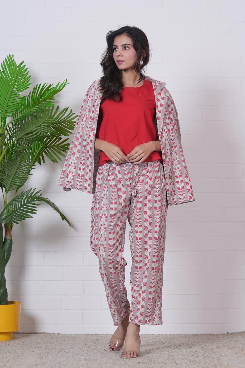 KASHISH IWTH BLUSH VINE” HAND BLOCK 3-PIECE JACKET SET
