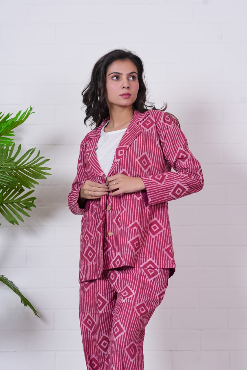 RUBY RHYTHMS” HAND BLOCK 3-PIECE JACKET SET
