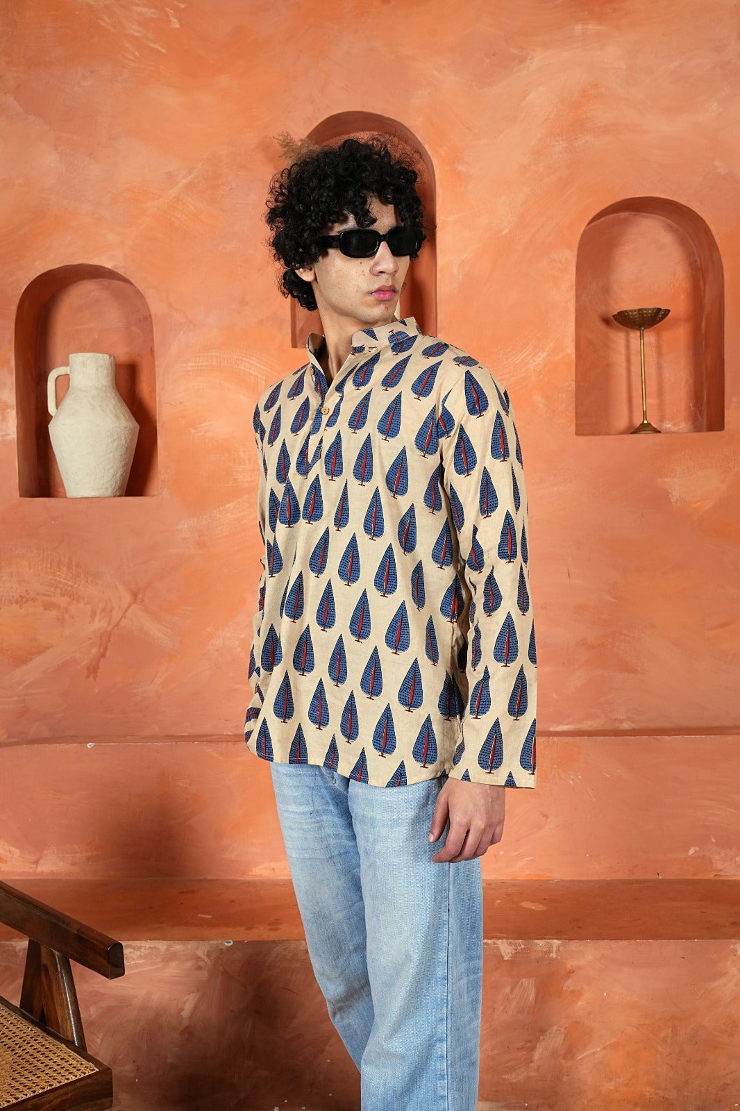BEIGE LEAF PRINT MEN’S KURTA