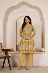 SYAAHI MUSTARD BUTTA - PAISLEY STRIPE STRAIGHT KURTA SET