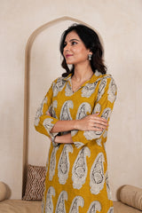 SYAAHI MUSTARD BUTTA - PAISLEY STRIPE STRAIGHT KURTA SET