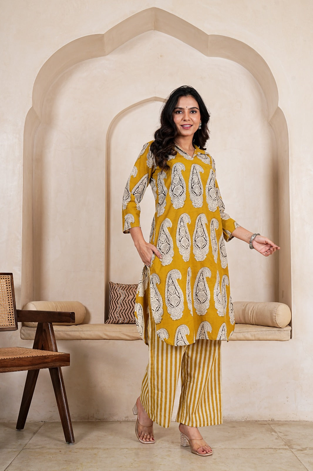SYAAHI MUSTARD BUTTA - PAISLEY STRIPE STRAIGHT KURTA SET