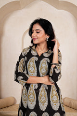 SYAAHI BLACK BUTTA - BLACK PAISLEY STRIPE STRAIGHT KURTA SET