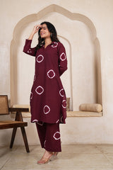 WINE SHIBORI DOT STRAIGHT KURTA SET