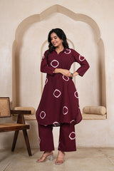 WINE SHIBORI DOT STRAIGHT KURTA SET