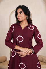 WINE SHIBORI DOT STRAIGHT KURTA SET