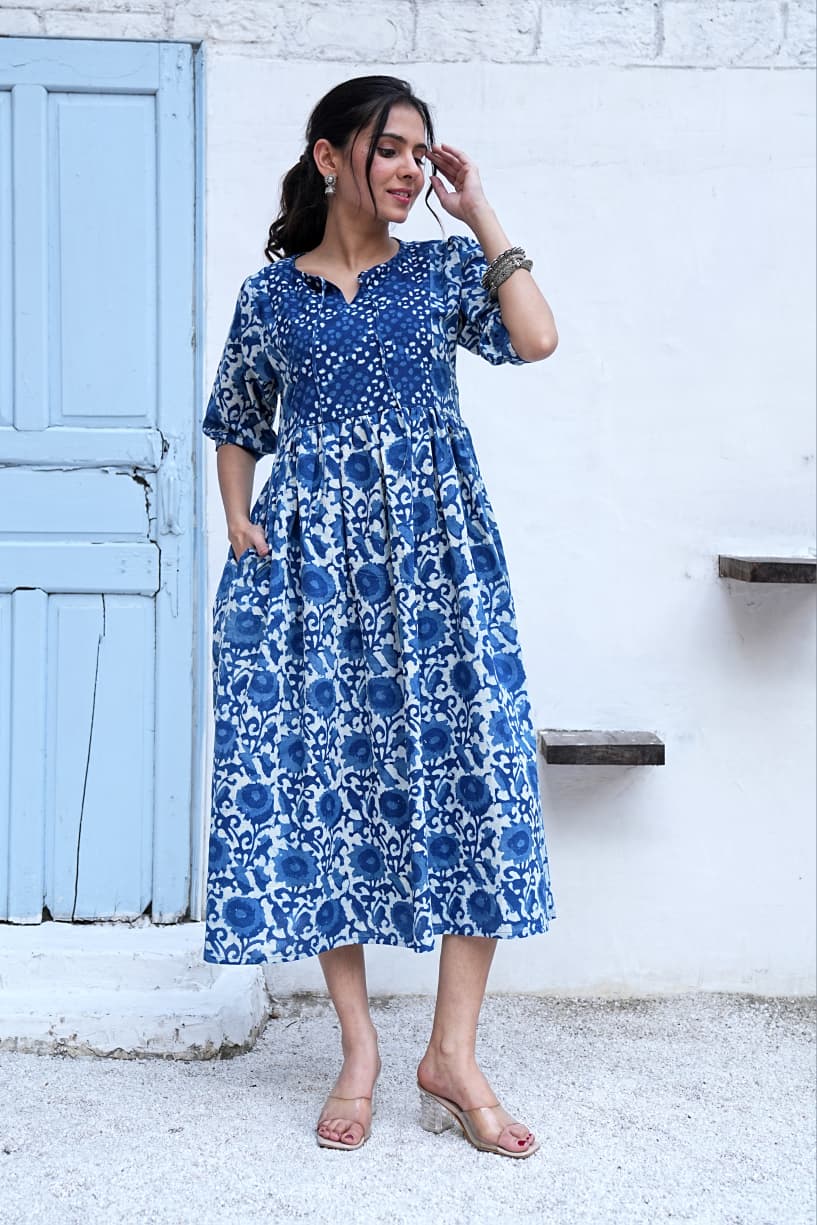 NEEL PUSHPA – HAND BLOCK PRINTED COTTON DRESS